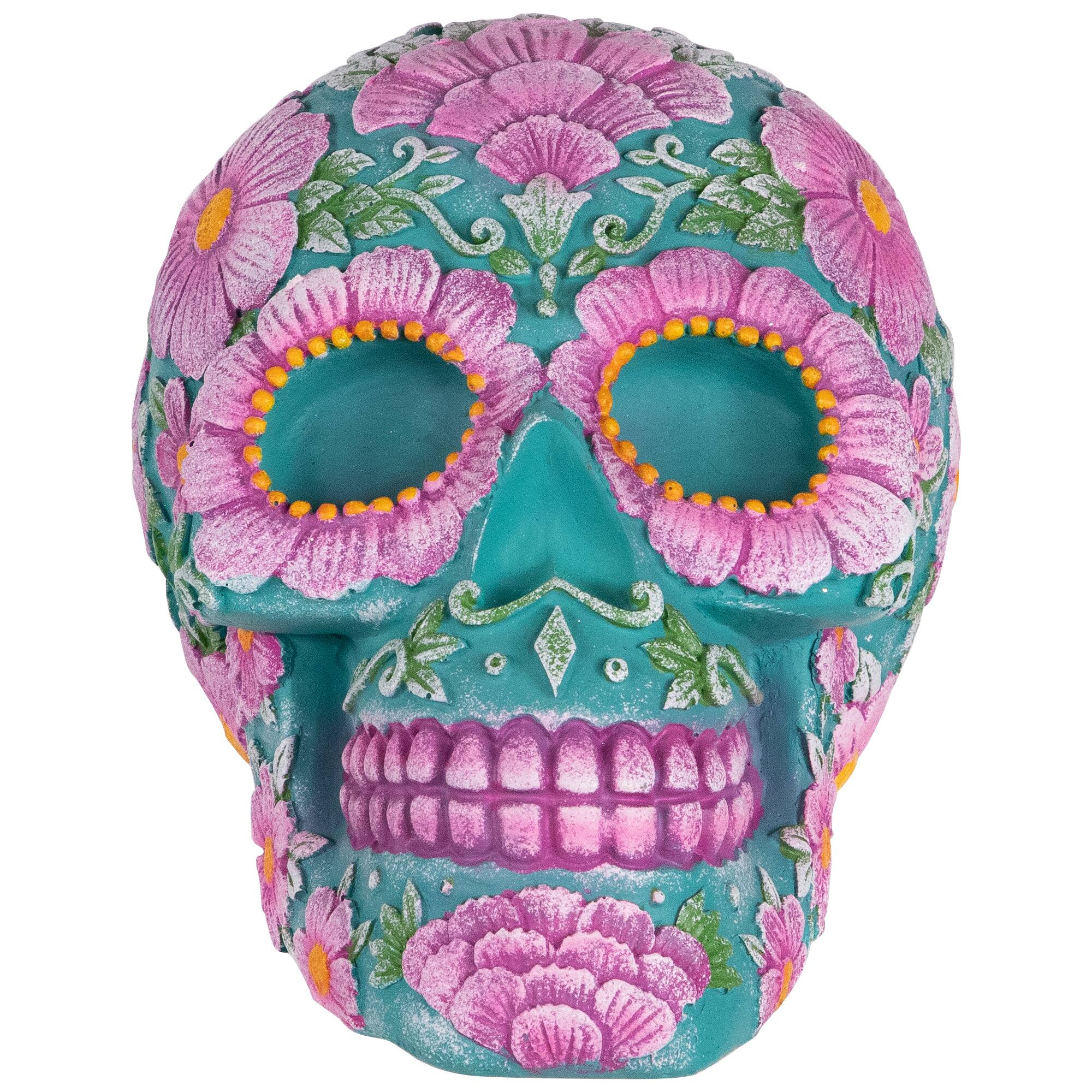 7.75" Blue & Pink Day of the Dead Skull Coin Bank